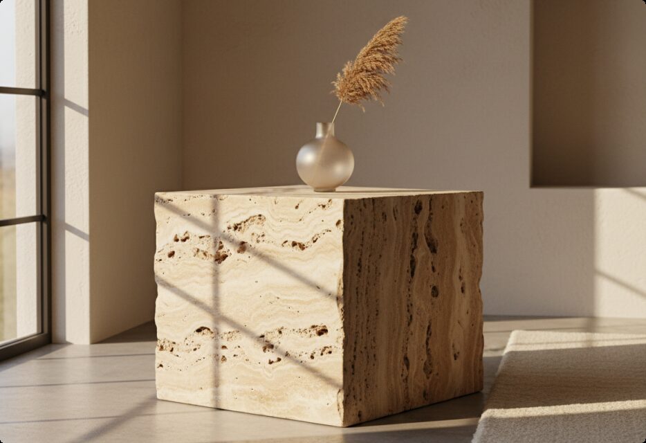 Travertine cube table with a vase