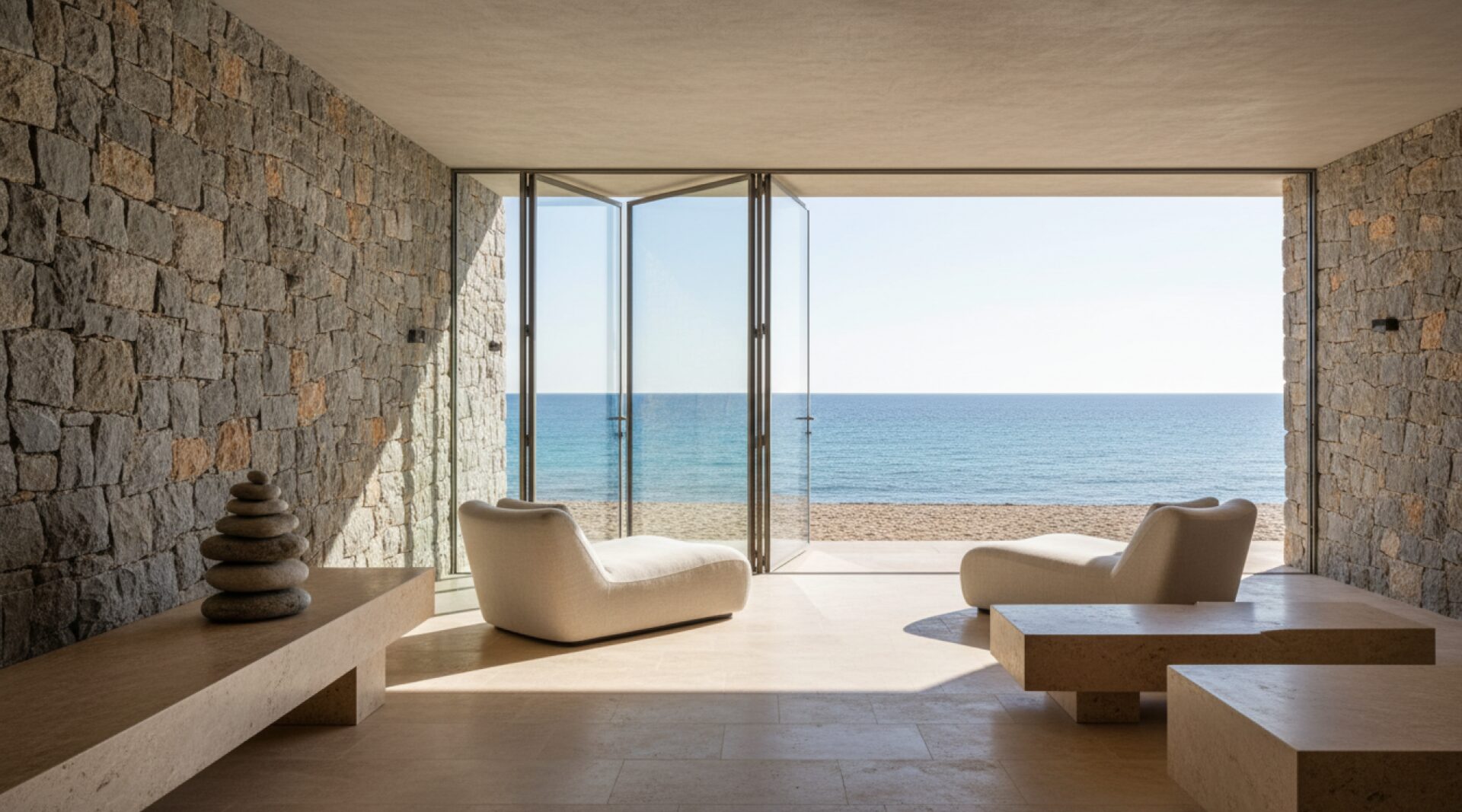The Coast Pavillion, a stone room opening onto the sea