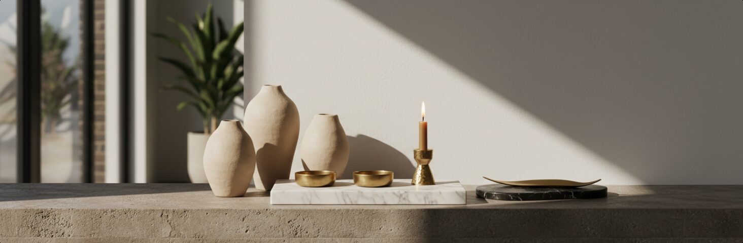 Styled shelf with ceramics, a candle and decor objects