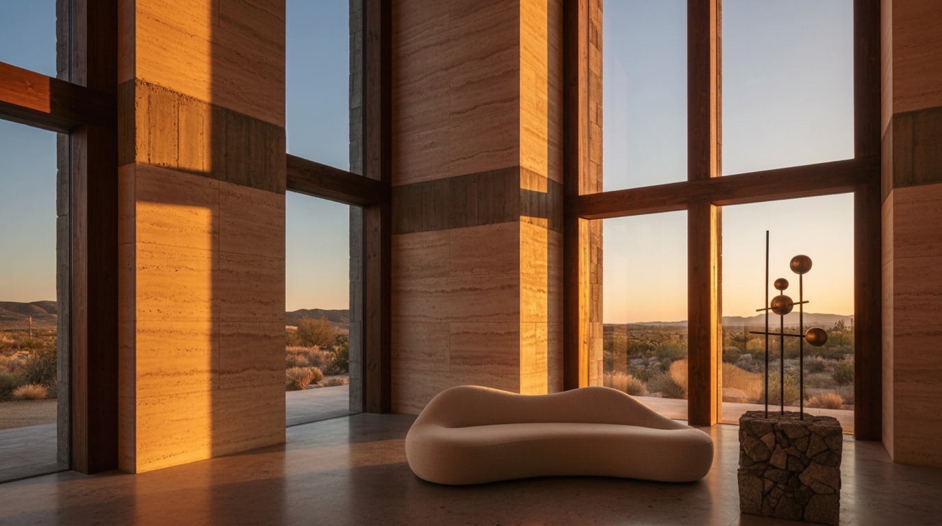 Sunlit travertine interior with a curved sofa and desert view