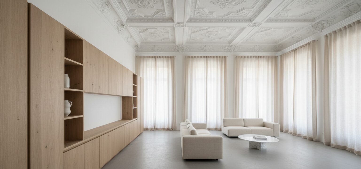 Milanese Atelier with oak cabinetry beneath an ornate plaster ceiling