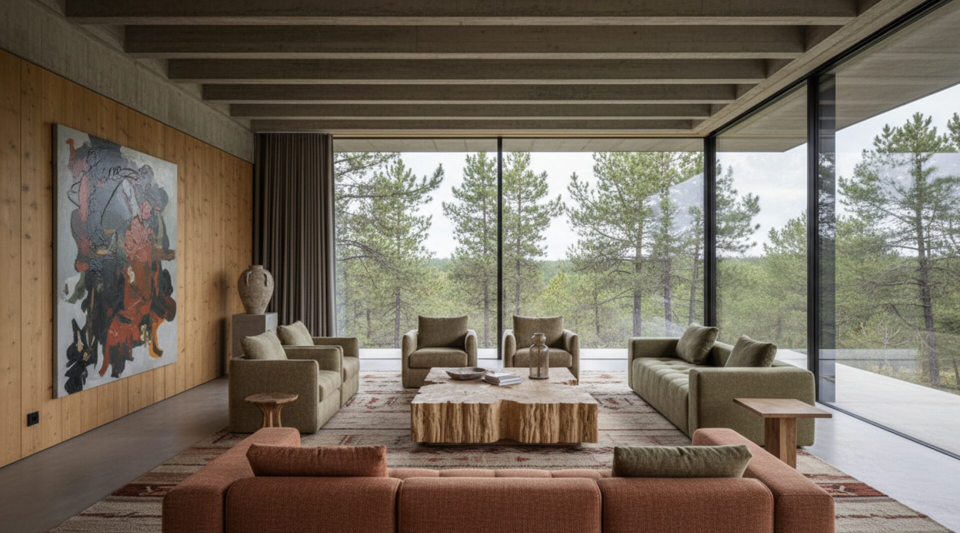The Forest House living room with wood panelling and forest views