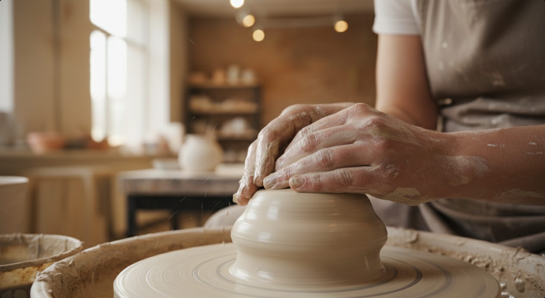 Artisan shaping a ceramic vessel on a pottery wheel